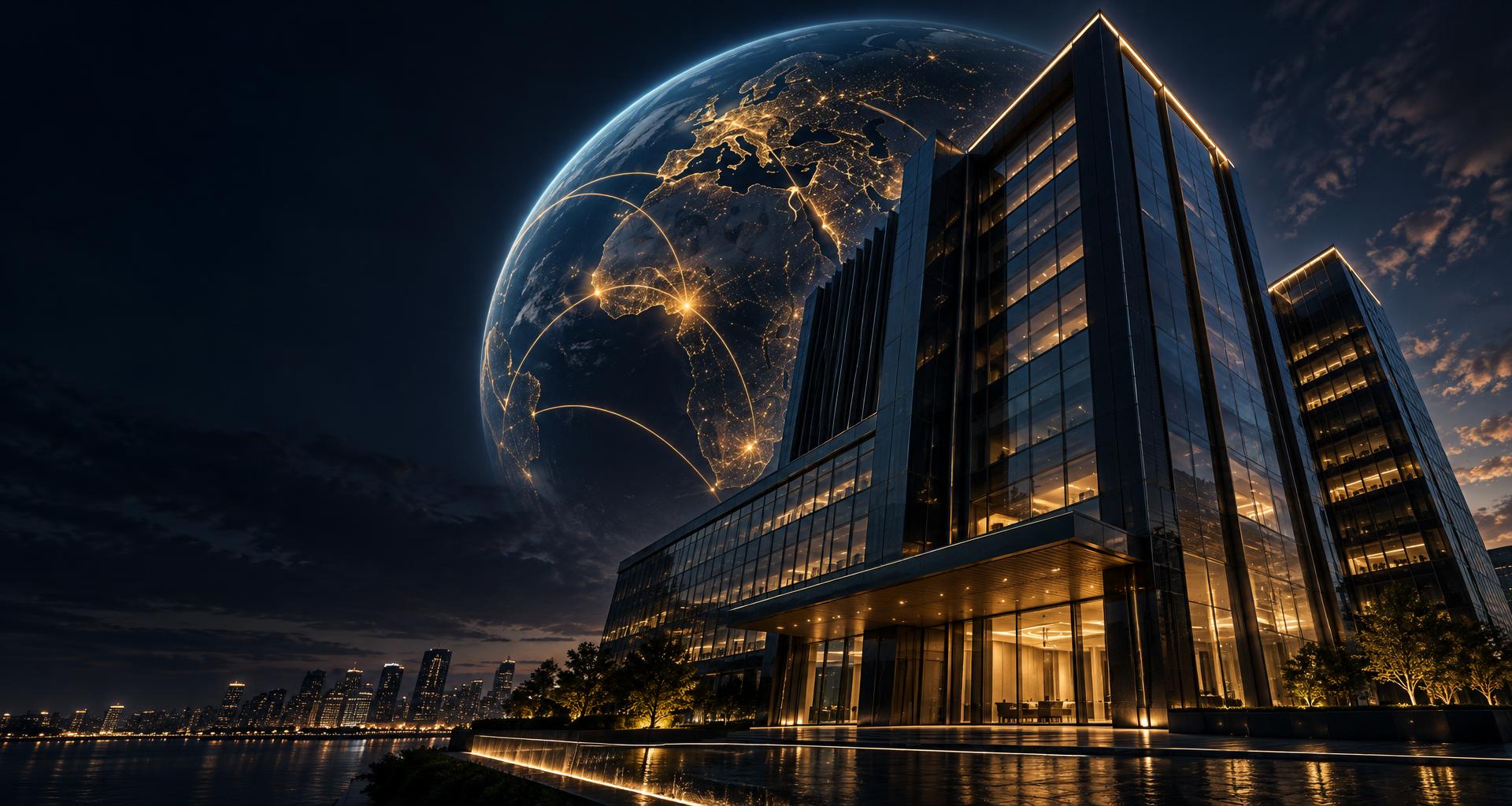 Illustrative concept rendering of a global corporate headquarters at night